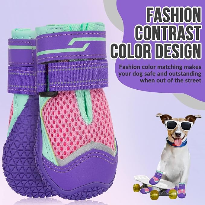 SlowTon Dog Shoes for Large Small Medium Dogs - Breathable Dog Boots for Summer Hot Pavement, Paw Protector for Outdoor Walking Winter Snow, Anti-Slip Rubber Dog Booties for Hardwood Floor (Purple, 1)