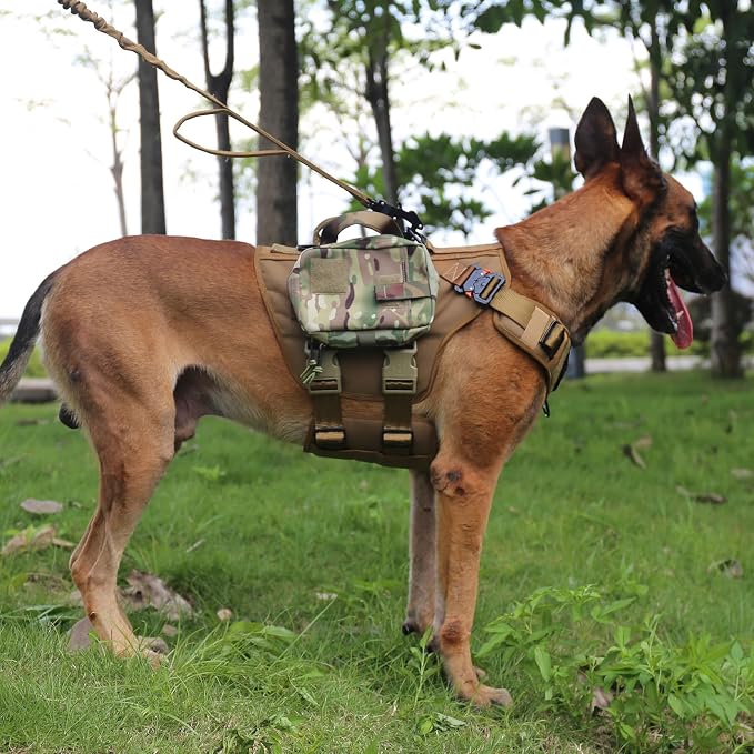 ICEFANG No Pull Tactical Dog Harness for Large Dogs,Adjustable Dog Vest | Control Handle,MOLLE Panel,Front Hook,3 Leash Clips,Soft Padded,for walking training,Brown,Large