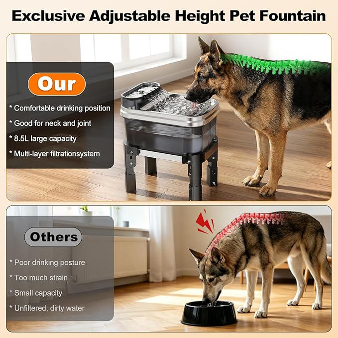 RPZ Dog Water Fountain, 9L Large Capacity Elevated Dog Water Bowl with Filter, 4-Level Adjustable Stainless Steel Water Dispenser for Large Dogs, Quiet Indoor Pet Fountain, No Spill Design