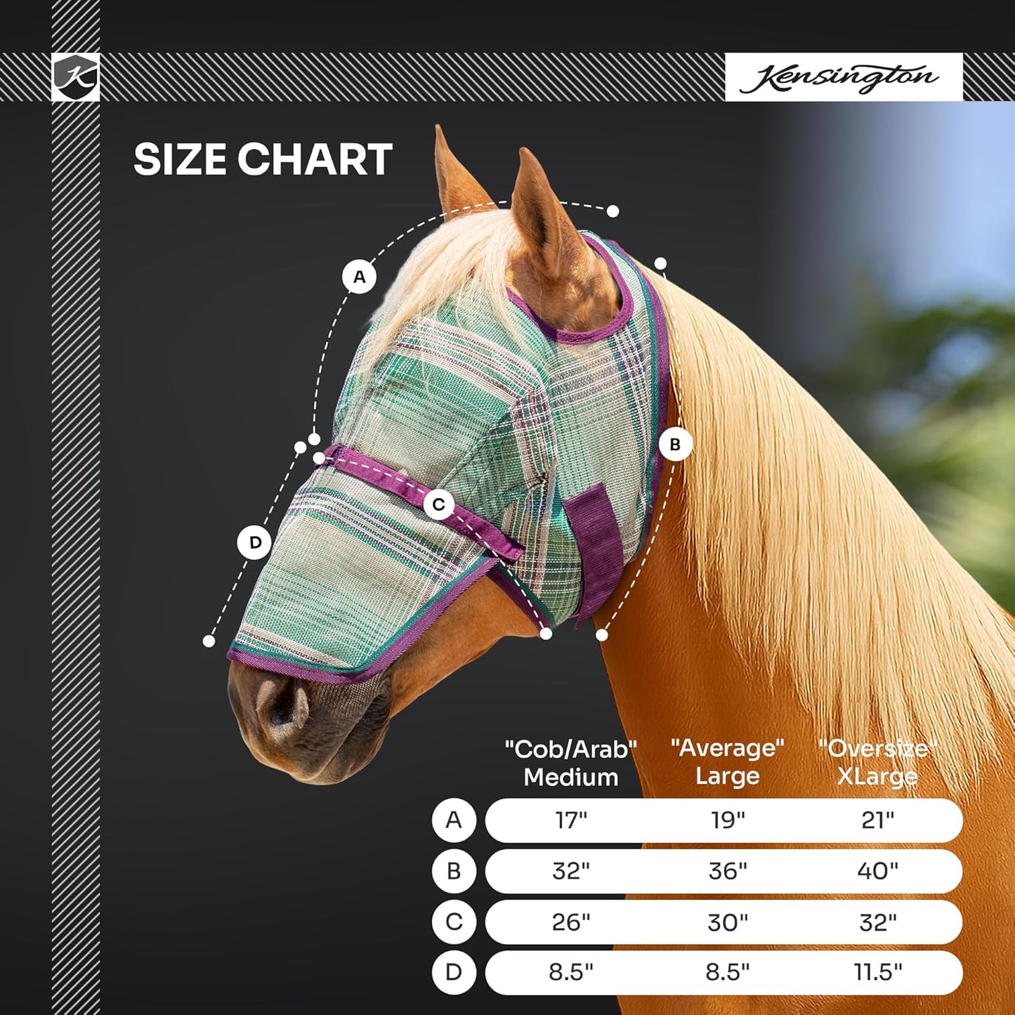 Kensington Signature Fly Mask with Removable Nose — Protects Horses Face and Nose from Biting Insects and UV Rays While Allowing Full Visibility — Ears and Forelock Able to Come Through The Mask