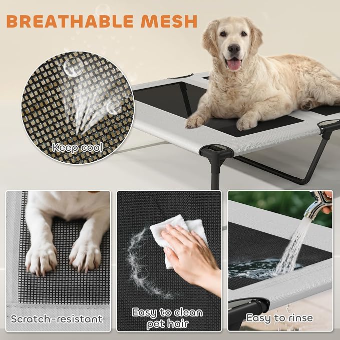 PawHut Elevated Dog Bed with Cooling Pad, 36" x 29.5" x 35", Light Gray | Raised Outdoor Pet Bed, Removable Canopy, Breathable Mesh, Storage Bag, Portable Pet Cot, for Indoor Outdoor Large Dogs