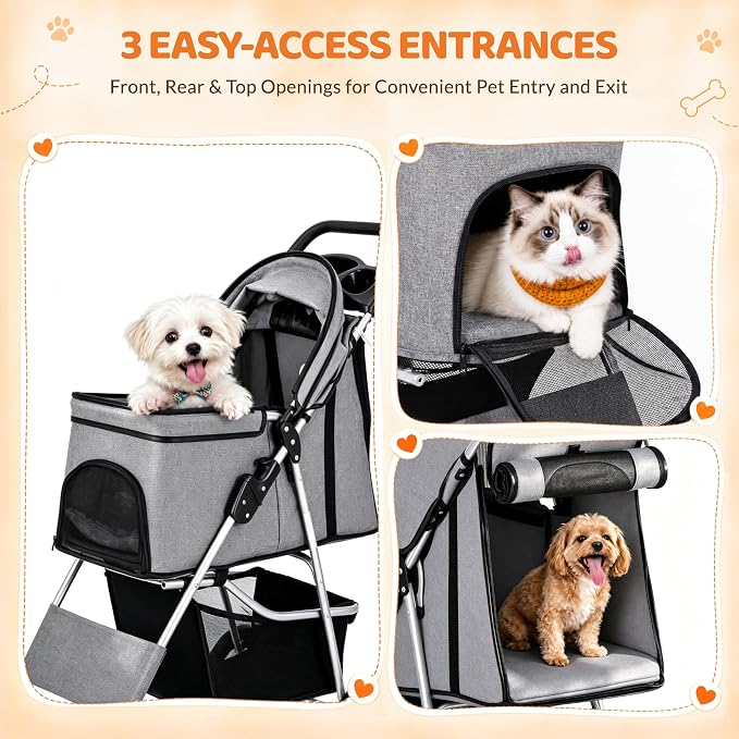 ZENY Foldable Pet Stroller, Cat/Dog Stroller with 4 Wheel, Pet Travel Carrier Strolling Cart with Storage Basket, Cup Holder (Grey)