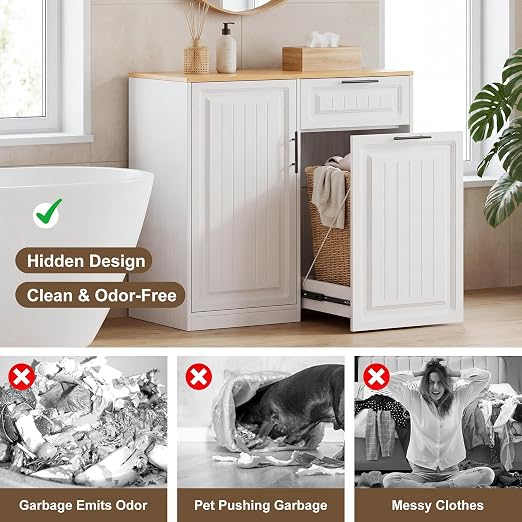 ZIFTY Pull Out Trash Can Cabinet with Storage, 13 Gallon Trash Can, White | Pet Proof, Freestanding Kitchen Cabinet, Drawer & Adjustable Shelf, Garbage Recycling, Modern Farmhouse Waste Bin Furniture