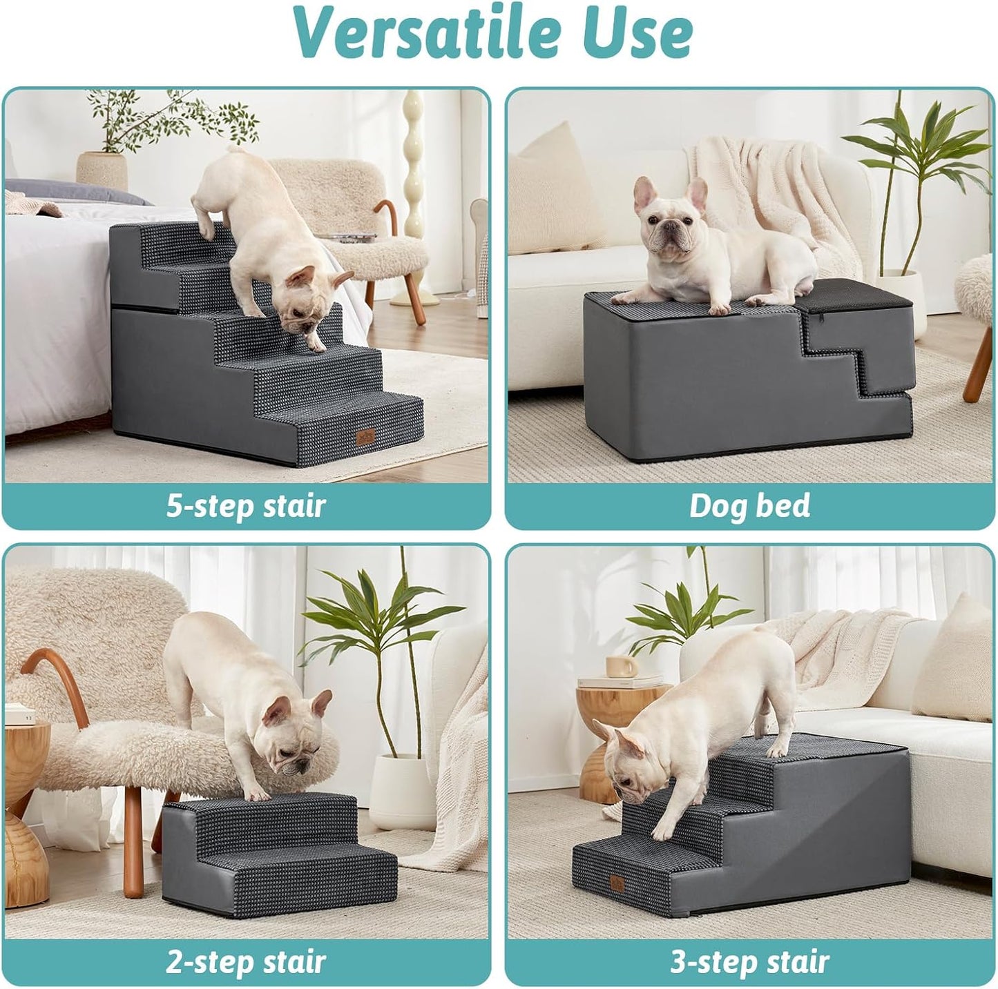 Dog Stairs for Small Dogs, 5 Tier Removable Wider Pet Stairs for Couch and Bed, 23.6" H Non-Slip Dog Steps for Puppies and Old Cats with Support Board, 29.5x19.7x23.6 inch, Dark Grey