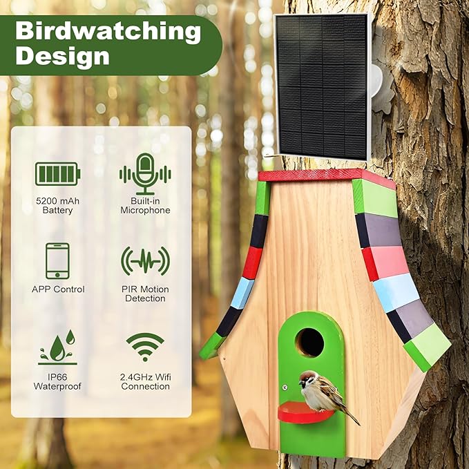 Birdhouse with Camera, Smart Bird House, 2.4G WiFi & App Notify 160° Wide Wireless 1080P HD Solar Powered Birdhouse Wooden Bird House with Camera Inside Easy Birdwatching for for BirdLovers