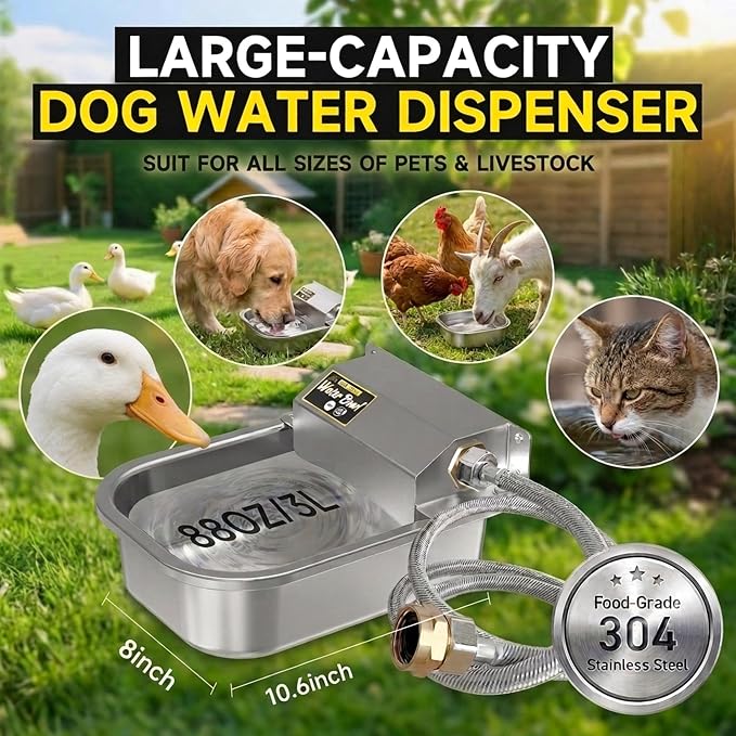 Automatic Self-Filling Dog Water Bowl,3L/101oz | Stainless Steel Outdoor Large Capacity Pet Water Dispenser with Float Valve,Fits 3/4" Garden Hose for Dogs,Cats&Livestock