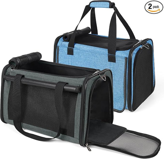 YUDODO 2 Packs 25 lbs Lightproof Soft Sided Pet Carrier for Large Cat & Small Dog Airline Approved Travel Bag Puppy Carriers with Side Pockets & Reflective Mesh, Foldable Portable Lake Blue+Grey Green