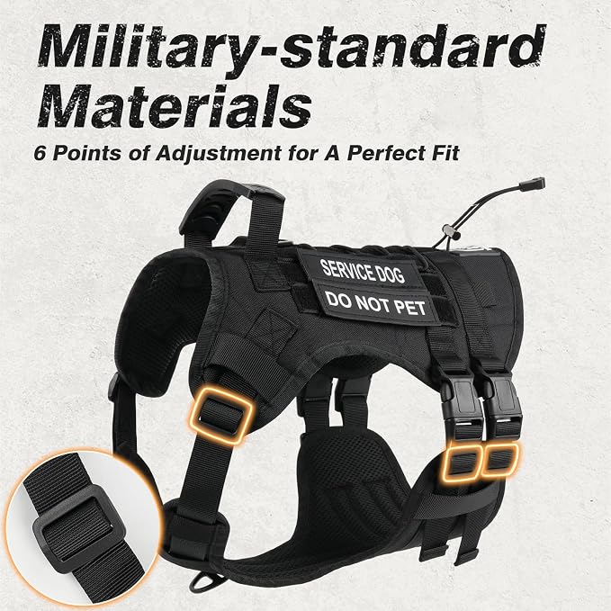 No Pull Tactical Dog Harness for Large Dogs, Service Dog Vest, XL, Black | Tactical Dog Vest Harness and Leash Set, Adjustable Military Service Dog Harness with Handle for Medium Large Dogs