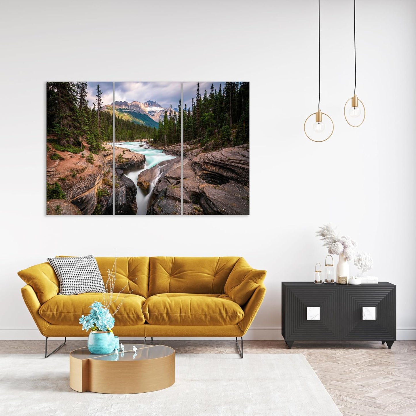 Nature Wall Art Prints - Ocean Forest Mountain Lake Canvas Landscapes - Small to Extra Large Living Room Bedroom Kitchen Bathroom Décor (Mountain River Waterfall, 47L" x 71W" - 3 panels)