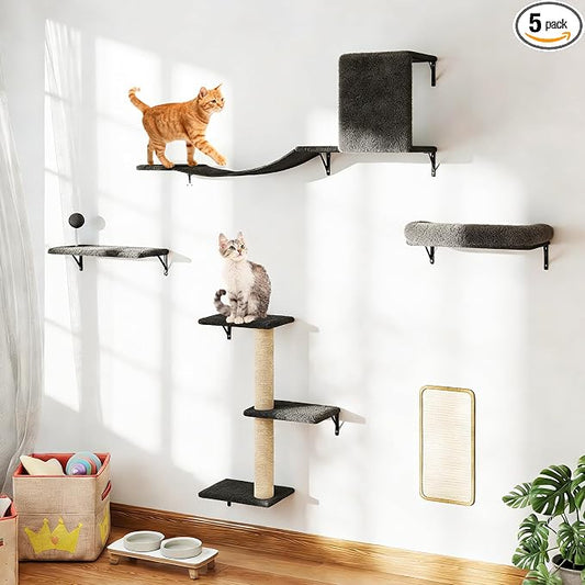 5 Pcs Wooden Indoor Cat Climber - Wall-Mounted Shelves, Perches, Scratching Board, Cat Ladder & Cat Tree - Grey