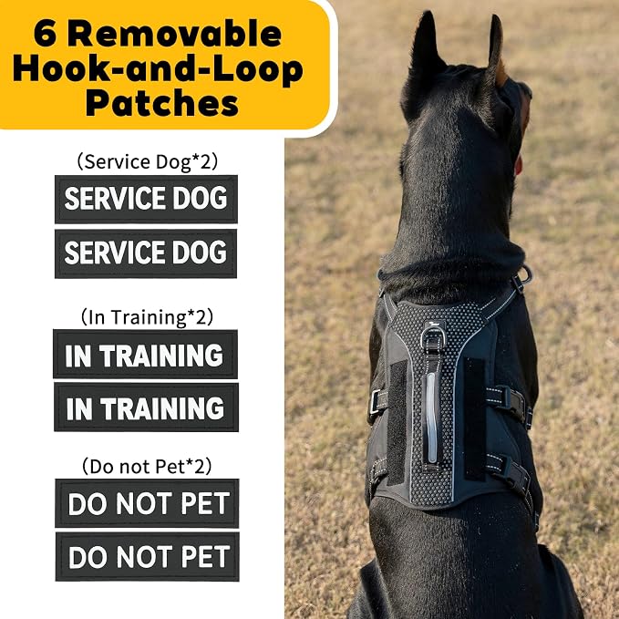 Service Dog Vest Harness, Escape Proof Harness with 6 Patches, No-Pull, Reflective Harness with Handle, Adjustable for Small to Large Dogs, for Training and Hiking (Black, XS)