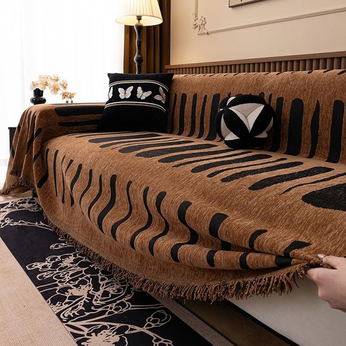 VClife Aztec Couch Cover for Sofa, Thick Plush Jacquard Couch Cover for Sectional Sofa, Breathable Washable Sofa Slipcover for Dog, Bohemian Moroccan White Pumpkin Slip Cover 71"X134"