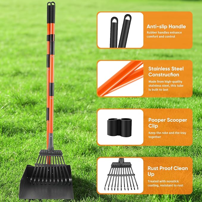 Pooper Scooper, Long Handle Dog Pooper Scooper for Medium Small Dogs Heavy Duty, Pet Supplies Stainless Metal Tray and Rake Set, Use on Grass, Dirt or Gravel, Large