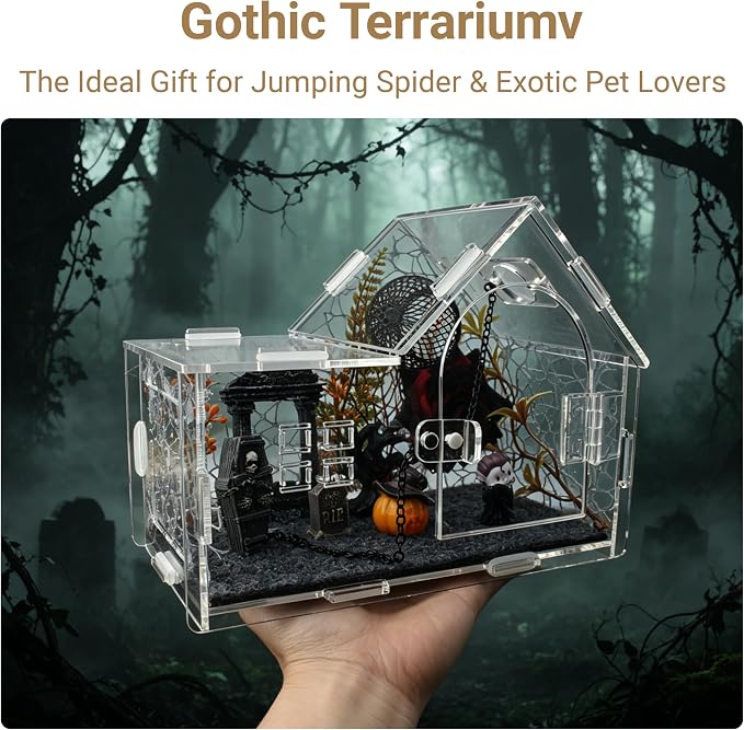 Acrylic Jumping Spider Enclosure Kit with Accessories | 22-in-1 complete decor set, clear 360° view, ideal for mantis, tarantula, and small reptiles