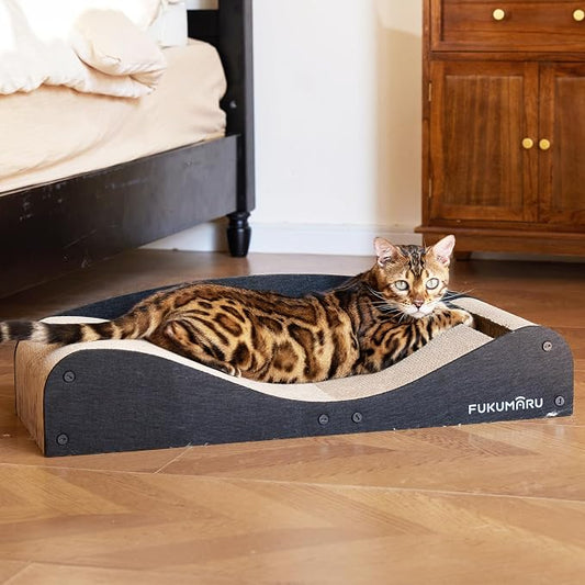 FUKUMARU Cardboard Cat Scratcher Bed, Extra Large 29.1 Inch Cat Scratch Pad | Cat Scratching Bed Couch Indoor, Natural Felt Multifunctional, Horizontal Kitten Scratch Bed Lounger With Ball Toy, Black