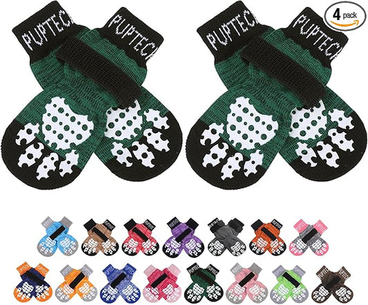 PUPTECK Anti-Slip Dog Socks with Double Sides Grips for Small Medium Large Dogs Hardwood Floors Prevents Licking, Dog Shoes for Hot Pavement Traction Control for Senior Dogs, Dark Green, M