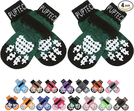 PUPTECK Anti-Slip Dog Socks with Double Sides Grips for Small Medium Large Dogs Hardwood Floors Prevents Licking, Dog Shoes for Hot Pavement Traction Control for Senior Dogs, Dark Green, XS