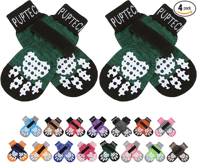 PUPTECK Anti-Slip Dog Socks with Double Sides Grips for Small Medium Large Dogs Hardwood Floors Prevents Licking, Dog Shoes for Hot Pavement Traction Control for Senior Dogs, Dark Green, S
