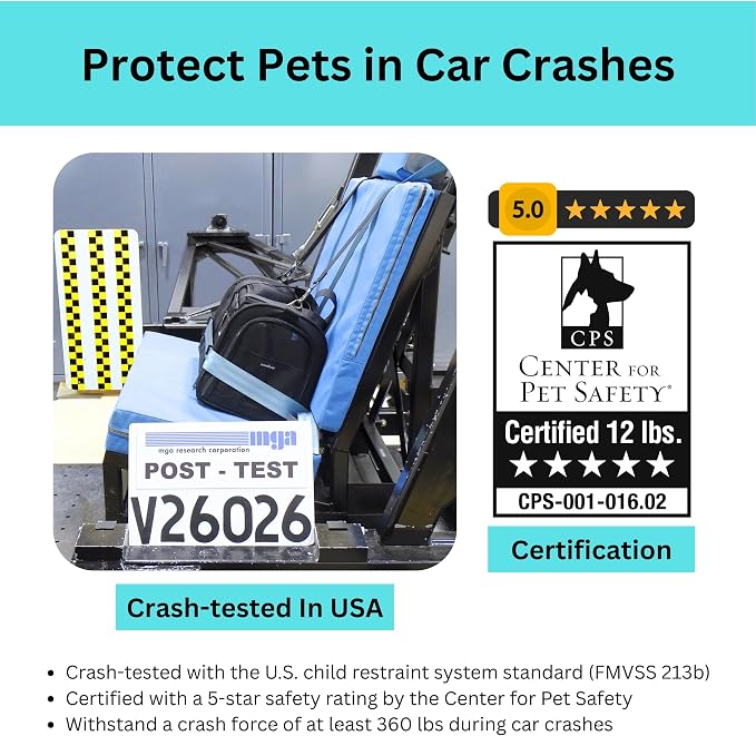 Crash-Tested Dog Carrier Airline Approved | 3-in-1 Lab-Tested Cat Car Seat, TSA Airline Approved Cat Carrier Soft, Expandable Dog Carriers for Small Dogs | 5-Star CPS Certified for Crash Protection.