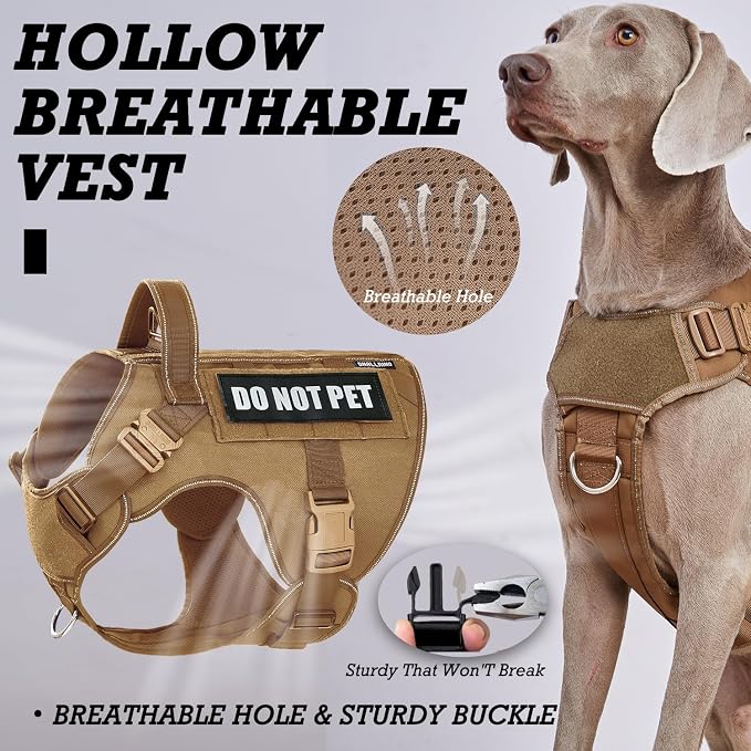 Tactical Dog Harness for Large, No Pull Adjustable Reflective MOLLE Service Dog Harness with Do Not Pet Patches, Military K9 German Shepherd Dog Vest for Training Walking Hunting Brown