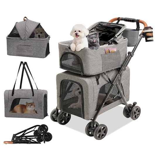 Double Pet Stroller with Detachable Carriers, Dog Stroller for Medium Dogs 20 lb, Foldable Dog Stroller for 2 Dogs,Easy Assembly Cat Stroller for 2 Cats with Cup Holder and Storage Bag for All-Terrain