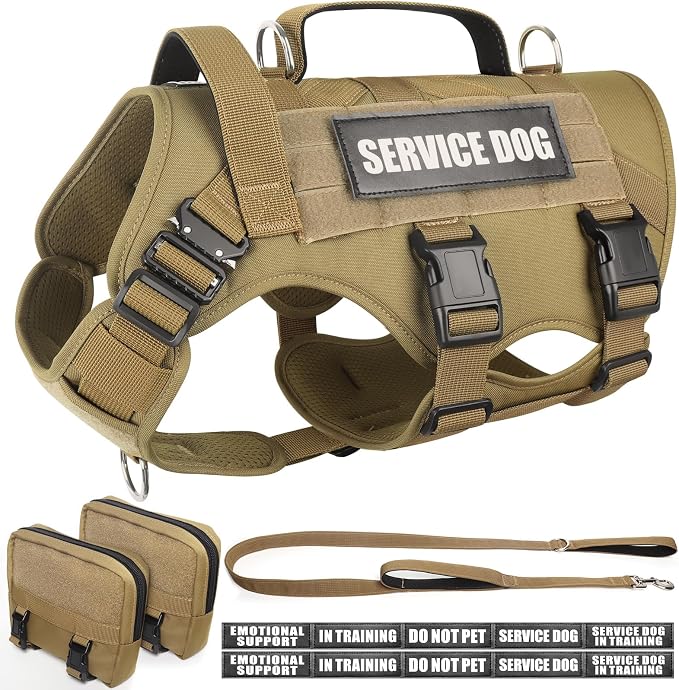 Tactical Dog Harness with Dog Leash, Service Working MOLLE Vest with 10 Pet Patches for Medium Dog, No Pull Military Harness and Backpack for Training Hunting Walking