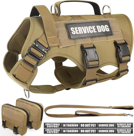 Tactical Dog Harness with Dog Leash, Service Working MOLLE Vest with 10 Pet Patches for Medium Dog, No Pull Military Harness and Backpack for Training Hunting Walking