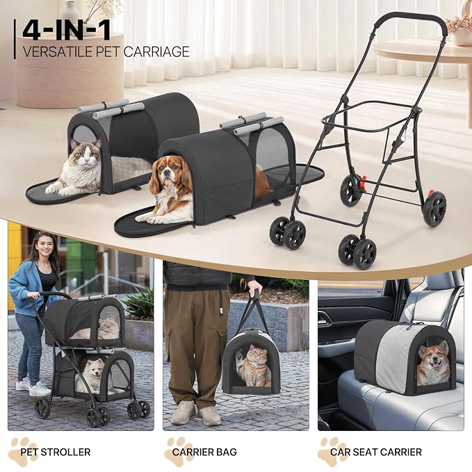 MoNiBloom Double Dog Stroller for Small and Medium Dog Cats, Black/Gray | Pet Stroller with Detachable Carrier Bags Large 4 Wheels Foldable Jogger for Small and Medium Dog Cats