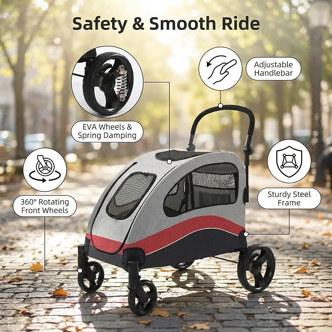Garvee Extra Large Dog Stroller with Steel Pipe Frame, Wheels, Brakes, Shock Absorption, Foldable Design - Red