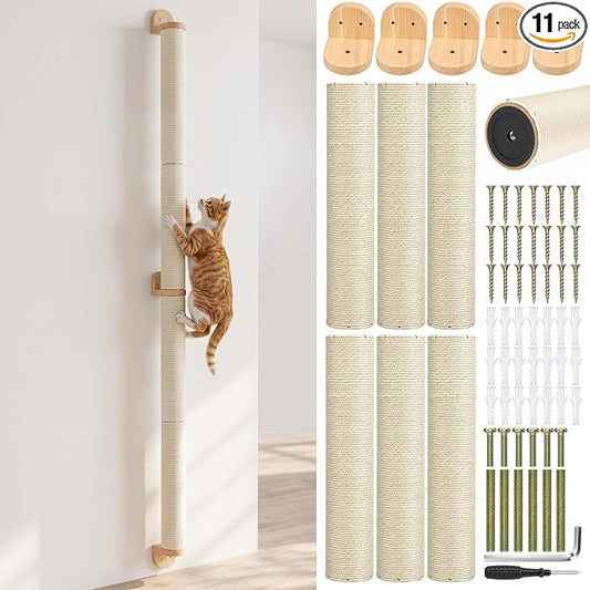 84" Tall Wall Mounted Cat Scratcher Post, Cat Wall Shelves Furniture, 6 Pcs 14 Inch Sisal Climbing Poles with 5 Brackets, Kitten Modular Scratch Tower, Space Saving Pet Supplies