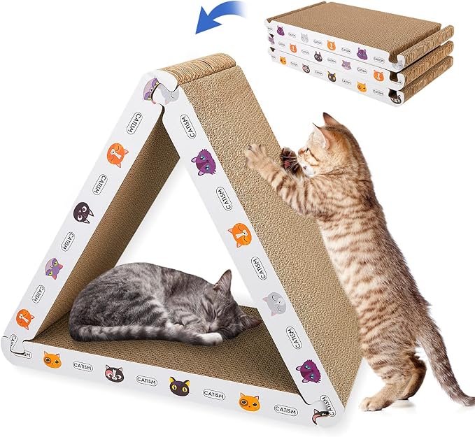 CATISM Cat Scratcher Cat Scratching Board - Foldable - Triangle, 6 Usable Sides Scratchers for Indoor Cats, Durable Recyclable Cats Cardboard Vertical(Pack of 3) | Durable recycled cardboard, non-toxic, easy assembly, 6 usable sides, with organic catni...