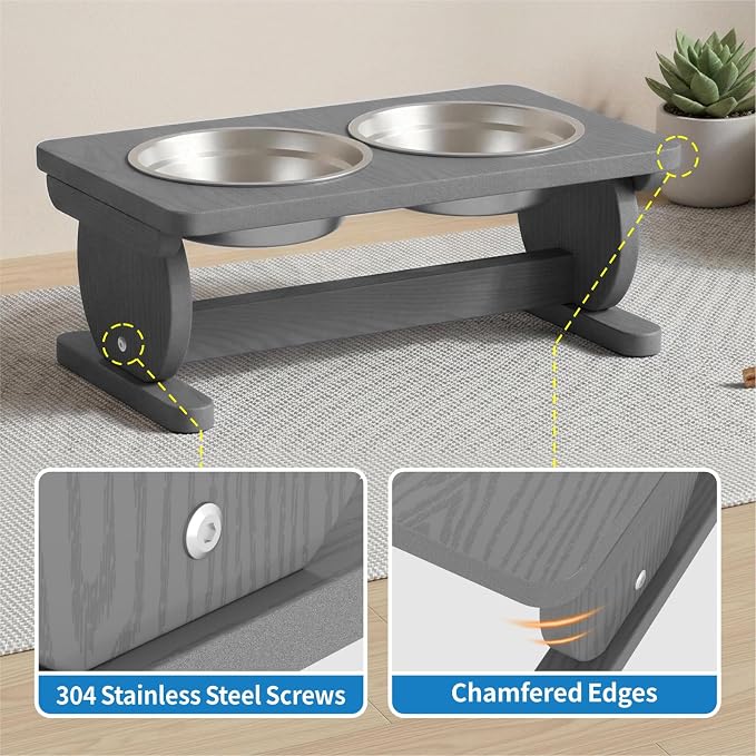 Raised Dog Bowl Stand for Small Sized Breed, Feeding Station with 21 oz 2 Stainless Steel Bowls & Licking Plate,Dog Food Bowl Gray