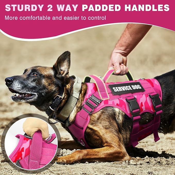 Service Dog Vest Harness for Large Dog, Tactical Working MOLLE Vest with 10 Pet Patches, No Pull Heavy Duty Harness for Training Hunting Walking