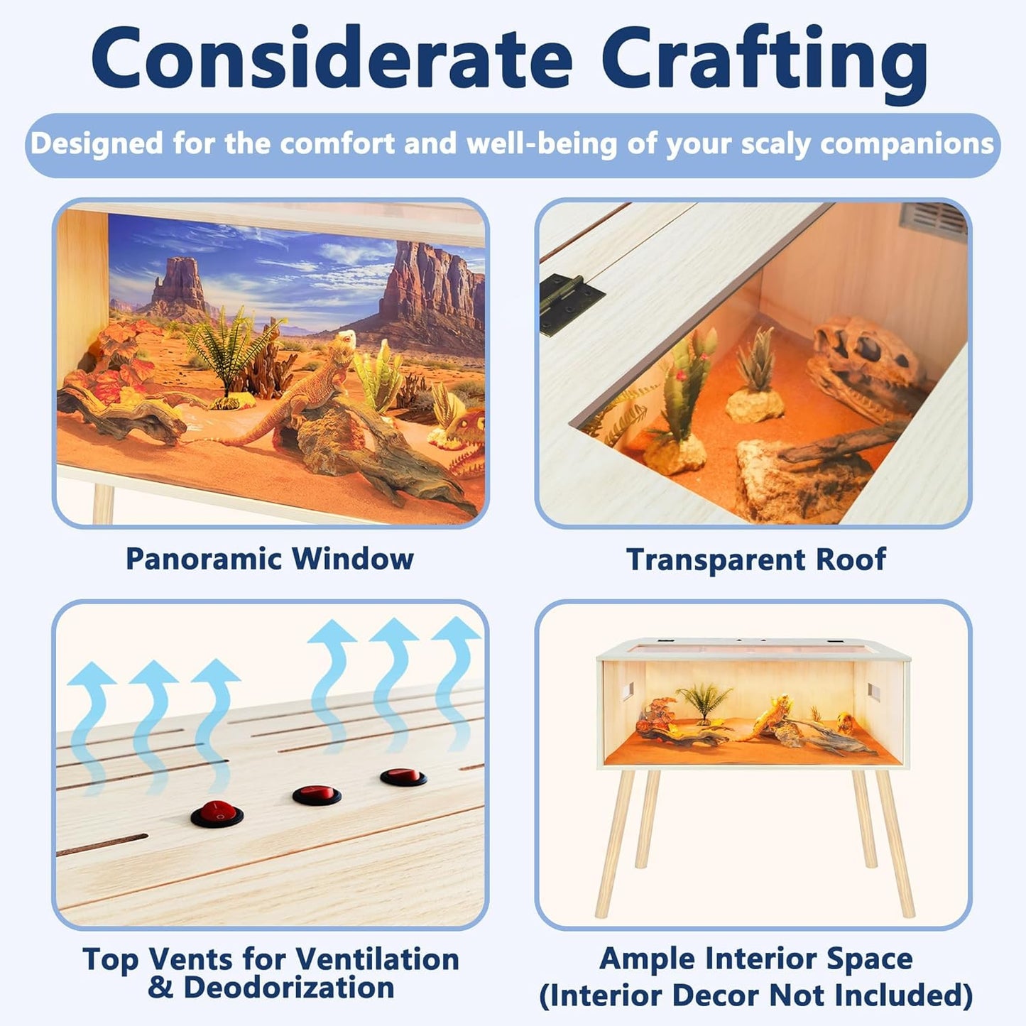 Prolee Reptile Terrarium, Lizard Tank Up to 68 Gallons, Bearded Dragon Tank with Roof Door, Snake Tank with Built-in Lamp Fixture and Switch, with Leg Stand (Oak, 68 Gallons, 48" Length)