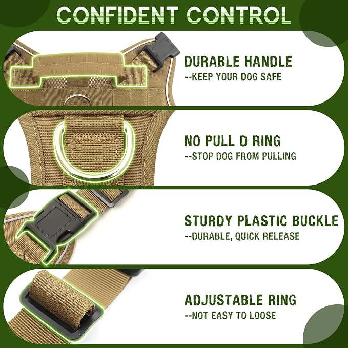 Tactical Molle Vest Mesh Dog Harness with 10 Removale Pet Patches | Breathable Service Dog harness with Double Soft Padded Handle for Large Dog, Reflective Military Pet Vest for Walk Hiking