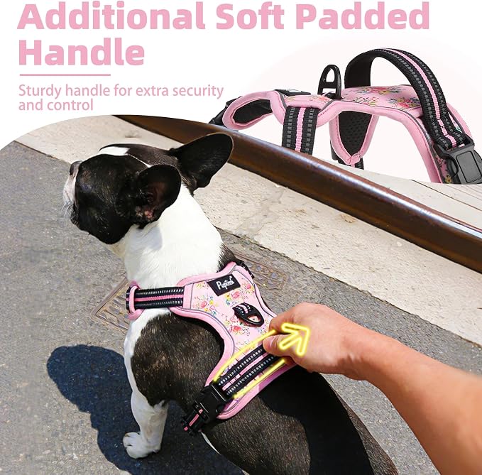 PUPTECK No Pull Tactical Dog Harness for Large, Adjustable Reflective Dog Harness with Handle Easy Control, Comfortable Soft Padded Pet Vest Harness for Large Dogs, Pink Flowers L