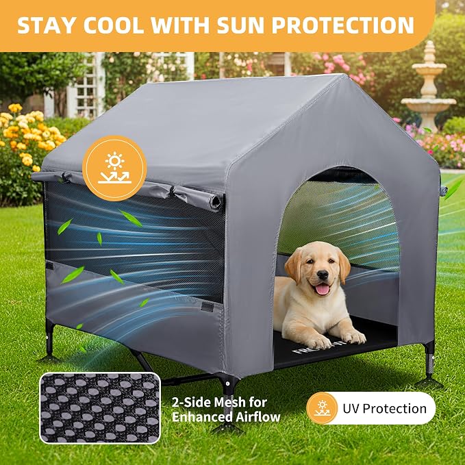 Dog House, 42” Large Dog House Outdoor Indoor Elevated Dog Cot Bed | 2-in-1 Outside Dog Tent Shade, Three-Sided Breathable Mesh Windows, Easy to Install, Waterproof Canopy, Non-Slip Feet