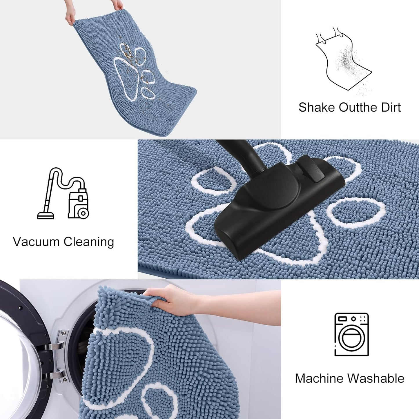 Smiry Dog Door Mat for Muddy Paws, Absorbent Dirt Trapper Non Slip Quick Dry Washable Chenille Mat for Mud Dogs, Entry Rug for Indoor and Outdoor (24x16 Inches, Airy Blue and White)