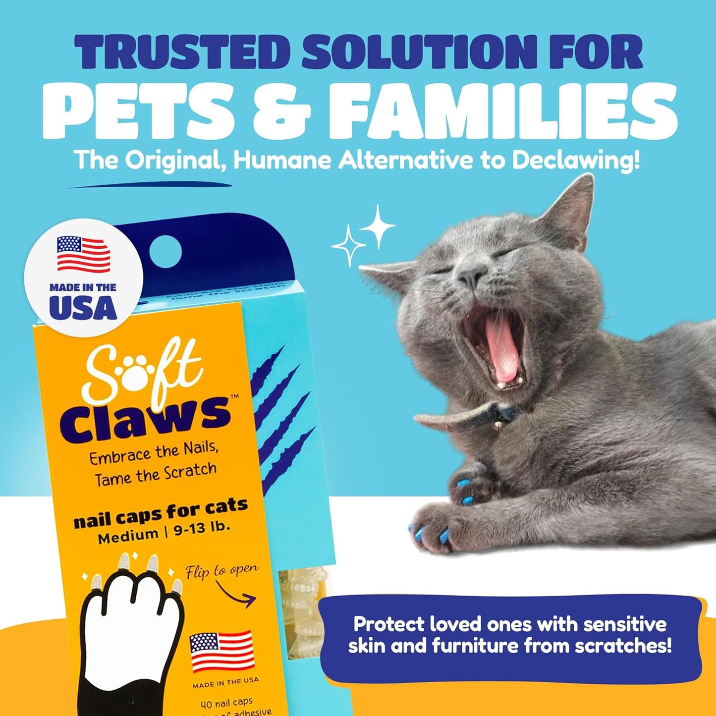 Soft Claws Cat Nail Caps for Medium Cats – (40 Caps, Blue & Orange) - Made in USA - Veterinarian-Developed | Protects Furniture & Skin - Easy to Apply, Long-Lasting Anti-Scratch Soft Cat Claw Covers
