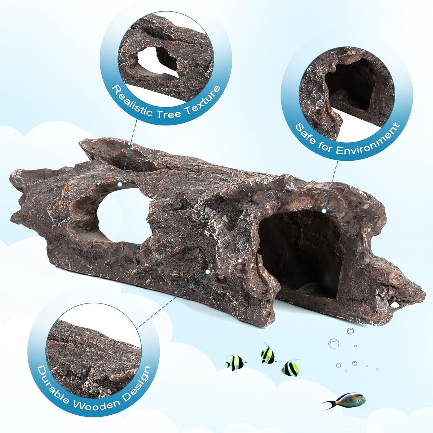 TRUVIC Fish Tank Decorations - Aquarium Cave Decor, Resin Hollow Tree Trunk Reptile Hide & Betta Log Hideout for 20 Gallon Tank, Fish Accessories Shelter Cave
