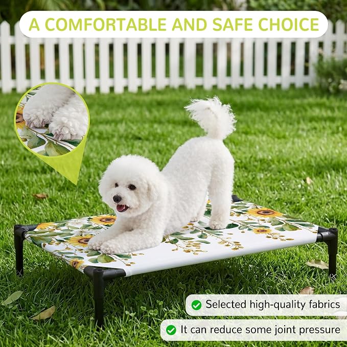Outdoor Elevated Dog Bed for Large Dogs, Hanging Floral Breathable Cooling Raised Dog Cot for Indoor/Outdoor, Spring Botanical Sunflower Green Leaves Waterproof Elevated Pet Beds, L 28 x 22 in
