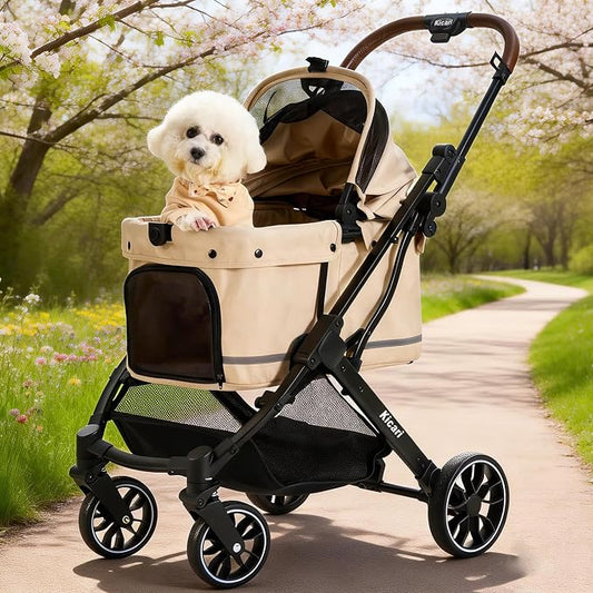 All-Terrain Dog Stroller for Small to Medium Dogs, Pet Stroller for Dogs & Cats Outdoor Walks, One-Hand Easy Fold, Double-Layer Anti-UV & Waterproof Canopy & Breathable Mesh, Vanilla Beige