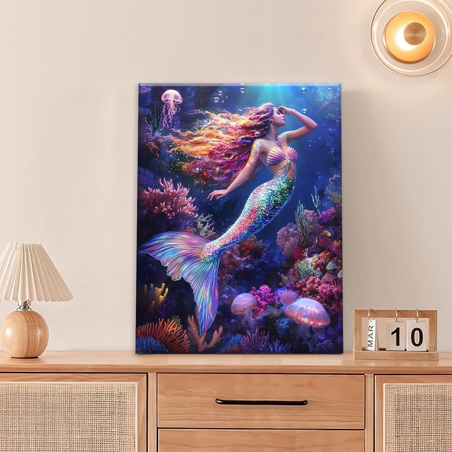 Sea Mermaid Bathroom Pictures Wall Art, Ocean Mermaid Bathroom Wall Decor, Aesthetics Framed Painting Canvas Artwork for Bedroom Living Room Decorations 16"L x 12"W