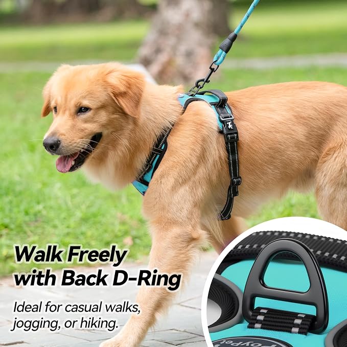 PoyPet No Pull Dog Harness Large with Front Clip & Neck Release Buckle | No Choke, Adjustable Vest, Reflective, Back Clip, Lockable, Soft Padded Handle for Walking Training, XL, Mint Blue