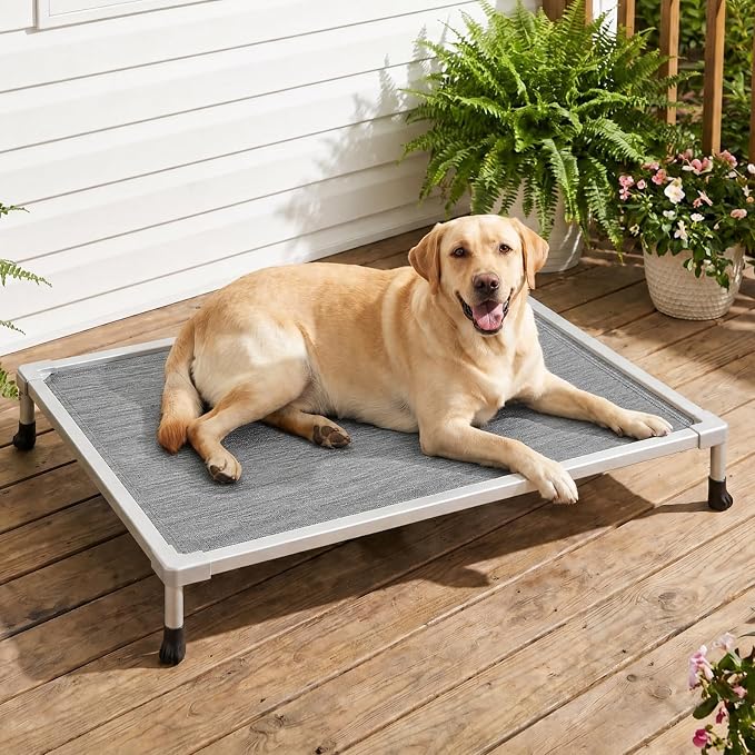 Veehoo Chew Proof Elevated Dog Bed, Silver Aluminum Dog Cot, Pre-Assembled | Cooling Raised Dog Bed for Large Dogs, Indestructible Dog Bed for 42" Crate, Breathbale, Non-Slip Feet, Indoor Outdoor