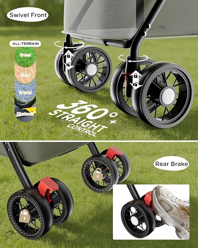 GTPLAYER Foldable Pet Stroller for Small Dogs and Cats, Holds Up to 33 lb, 4-Wheel Stroller with 2 Safety Tethers, Breathable Mesh, Lockable Front Wheels, Cup Holder/Tray & Storage Pocket, Dark Green