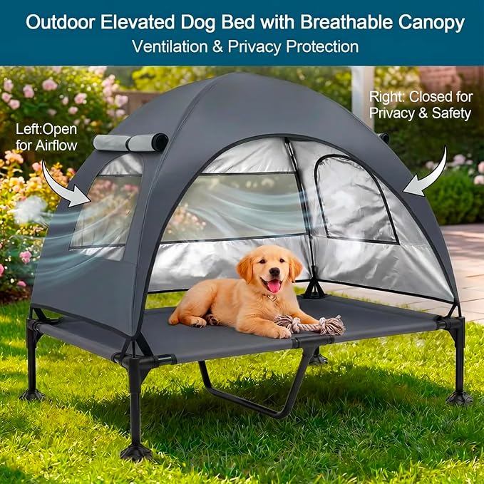 Elevated Dog Bed, Large Raised Dog Cot with Removable Shade Canopy for Large Dogs, Outdoor Portable Pet Tent with Breathable Mesh for Camping, Beach, Patio (Dark Gray, 50" L x 32" W x 42.5" Th)