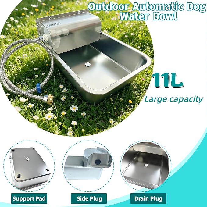 Automatic Dog Water Dispenser,Wide Mouth Design,Water Level Control | 11L Stainless Steel Outdoor Dog Water Bowl,with Float Valve Auto Refill for Dogs, Alpacas & Livestock,with 3/4" Brass Adapter
