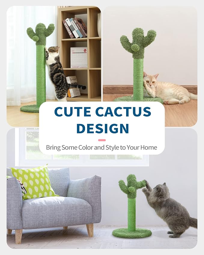 Made4Pets Cactus Cat Scratching Post for Small Indoor Cats & Kittens, 21.7" | Natural Sisal Rope Cat Scratcher with Stable Base and Plush Ball for Kittens to Scratch, Play and Develop Healthy Habits