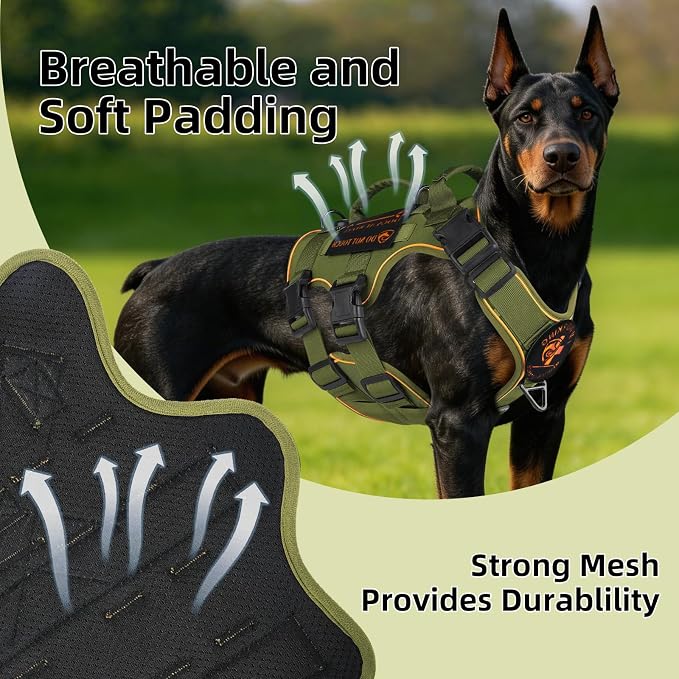 Reflective Tactical Dog Harness with AirTag Holder&3 Pet Patches, Green L | Heavy Duty No Pull Dog Harness, Adjustable Dog Harness, Two Handles, Breathable Mesh Padding, Resists Dirt and Stay Clean